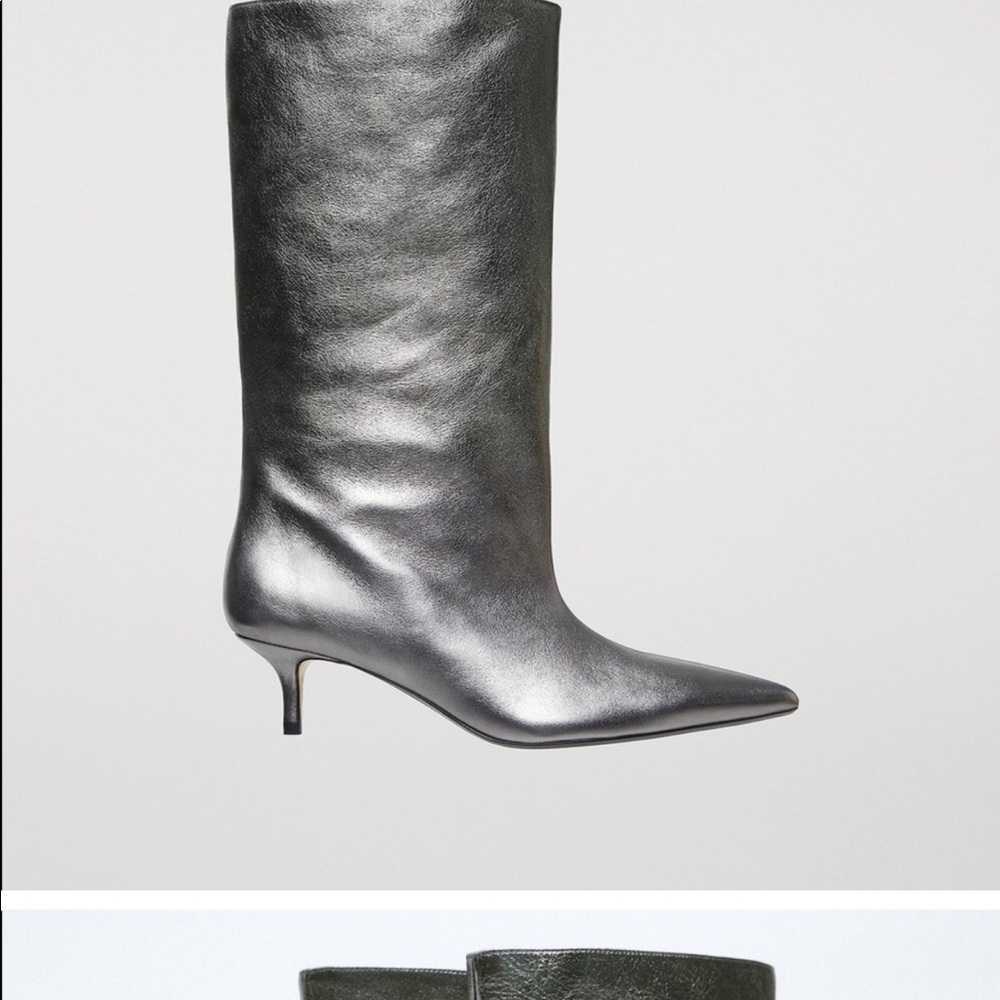 Zara Genuine leather silver metallic boots heeled pointed toe